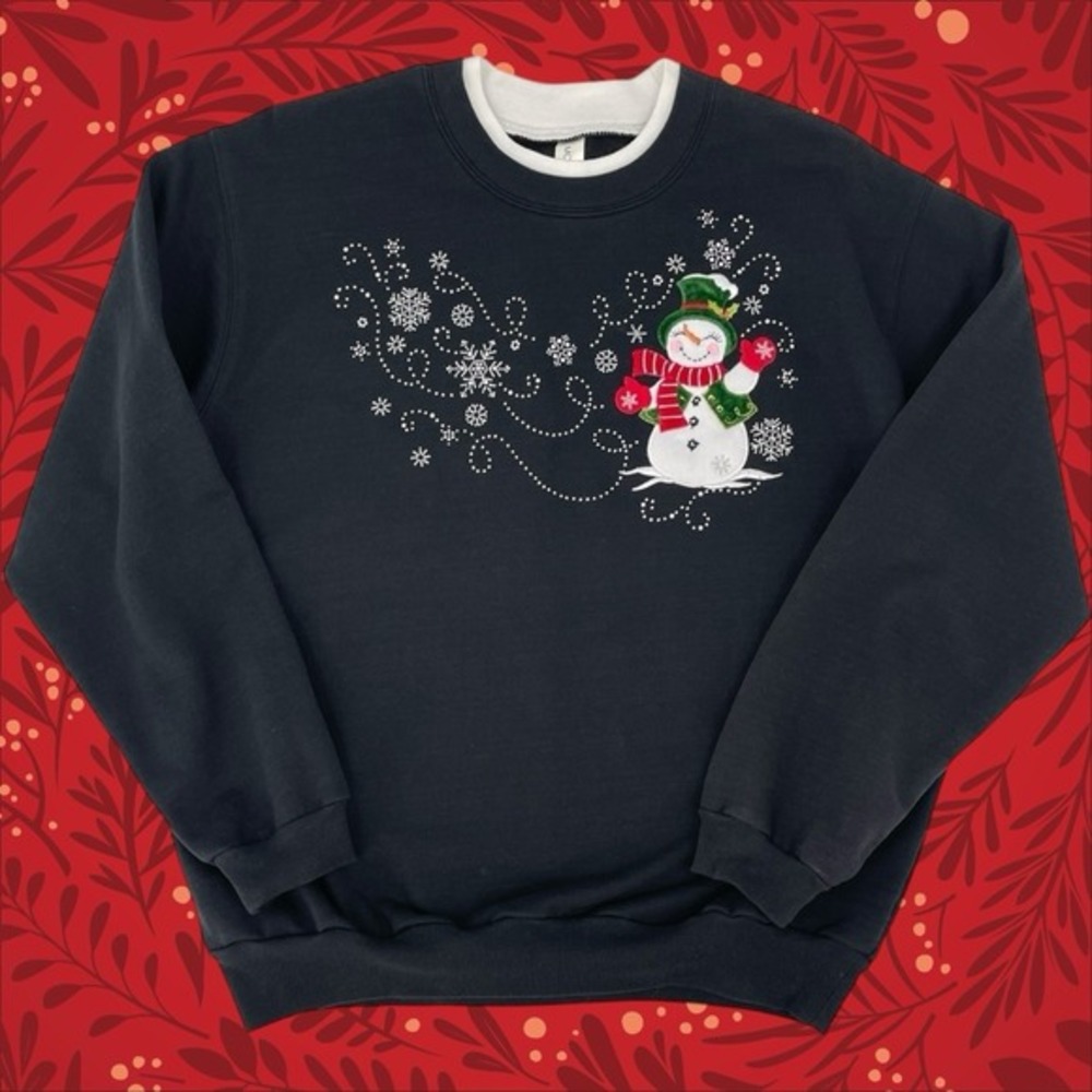 Vintage Morning Sun Black Holiday Snowman & Snowflake‎ Sweatshirt Womans Large
